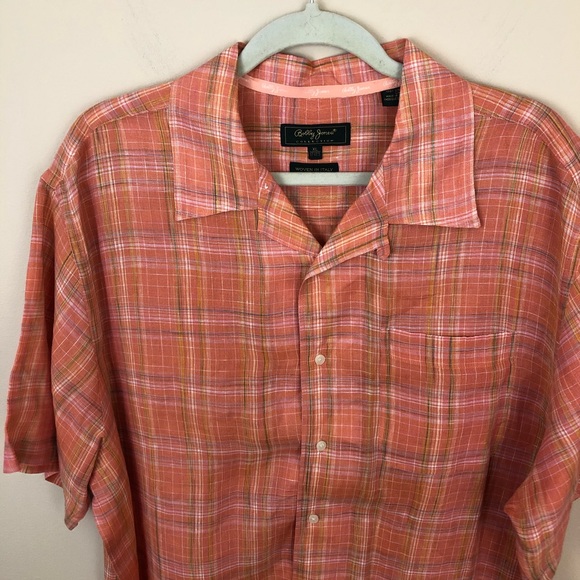Bobby Jones Shirt Mens XL 100% Linen Orange Plaid Button up Summer - Picture 4 of 7